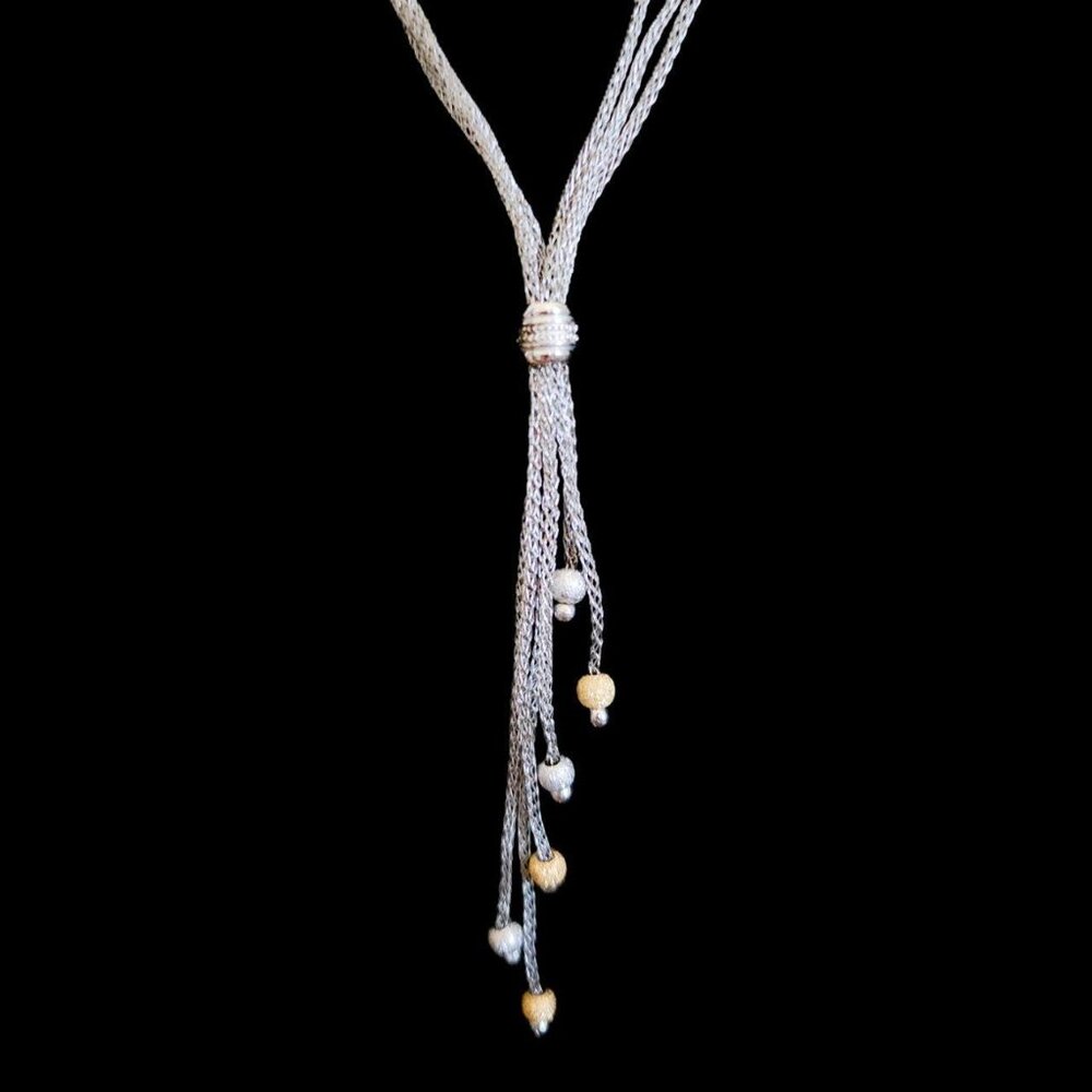 Vintage 1980s Sterling Silver Mesh Lariat Necklace with 14K Gold Accent Beads